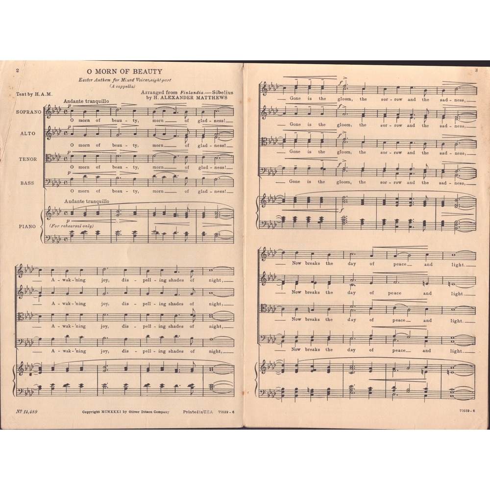 Jean Sibelius Chorale from Finlandia O Morn of Beauty Sheet Music Oliver Ditson - Picture 3 of 3